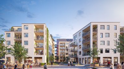 Skiss med tre hus som bildar en öppen yta i mitten. Torgyta framför med människor och grönska.