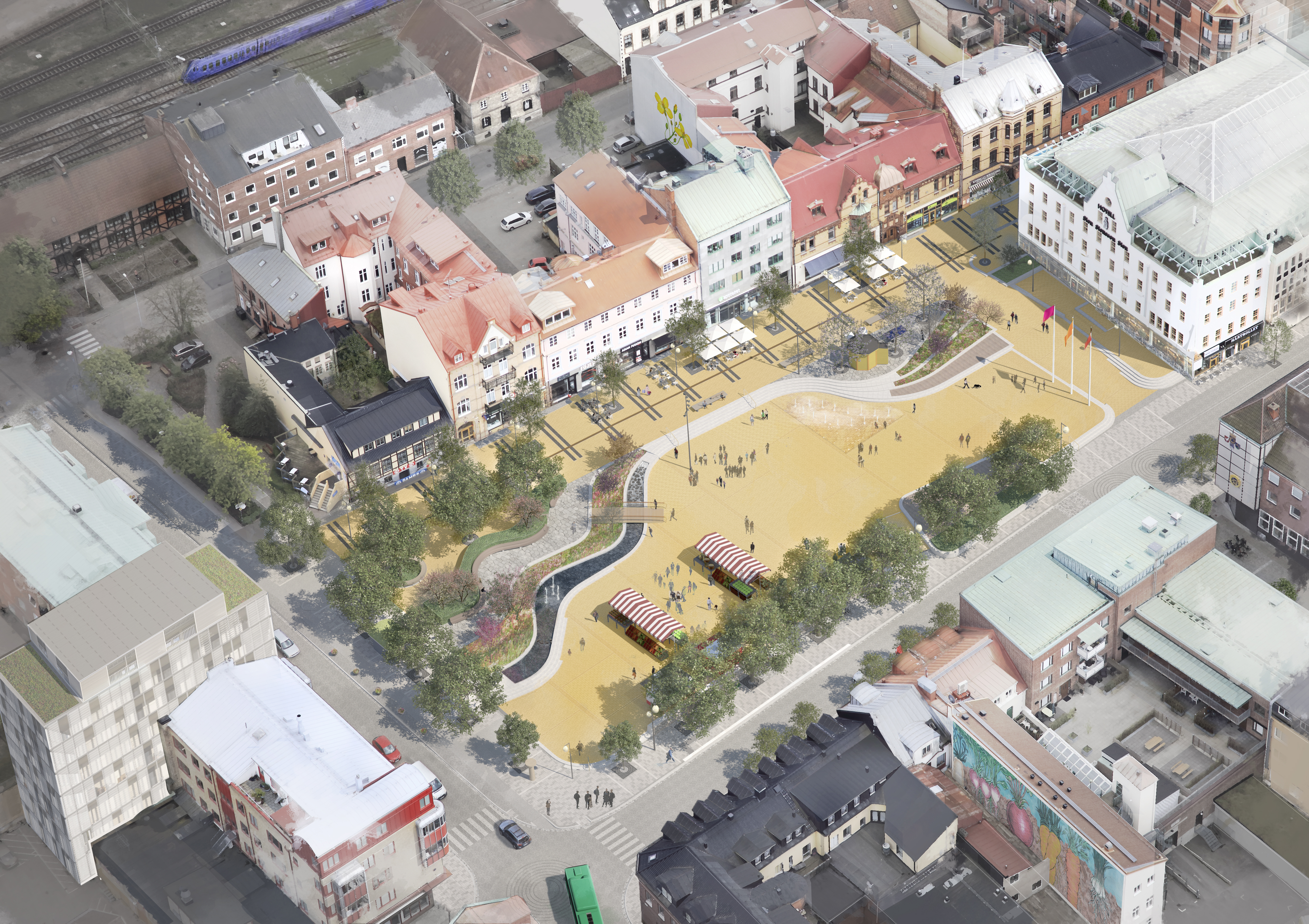 Illustration av framtidens Stora torg i Eslöv