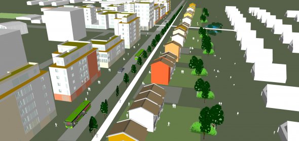 Illustration över ny tänkt bebyggelse längs med Sallerupsvägen med vy mot väst.