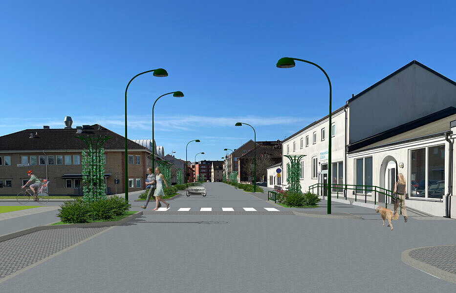 Illustration av hur Kvarngatan ska se ut efter ombyggnaden.