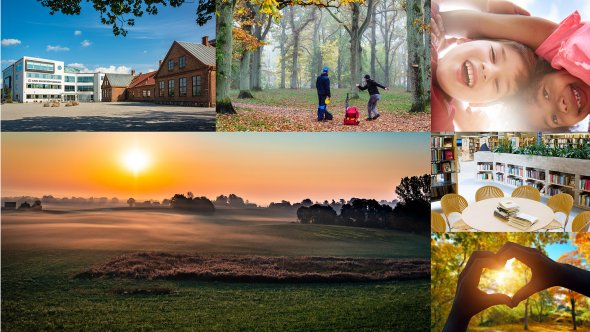 Sex olika bilder från Eslövs kommun. Överst från vänster: Carl Engströmskolan, man och kvinna spelar frisbee i Trollsjön under hösten, två glada barn tittar neråt. Nederst från vänster: soluppgång på landet, stolar runt ett bord på bibliotek, två händer som formar ett hjärta med en sol i hjärtat.