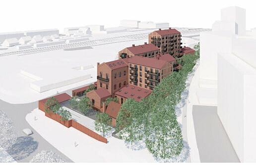 Illustration över det framtida spritfabriksområdet. Illustration: LINK Arkitektur.