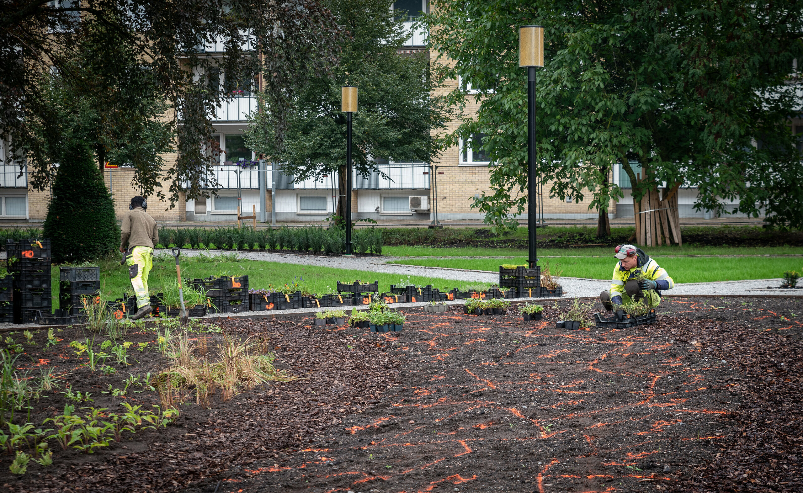 Entreprenören jobbar på med planteringarna i Stadsparken.