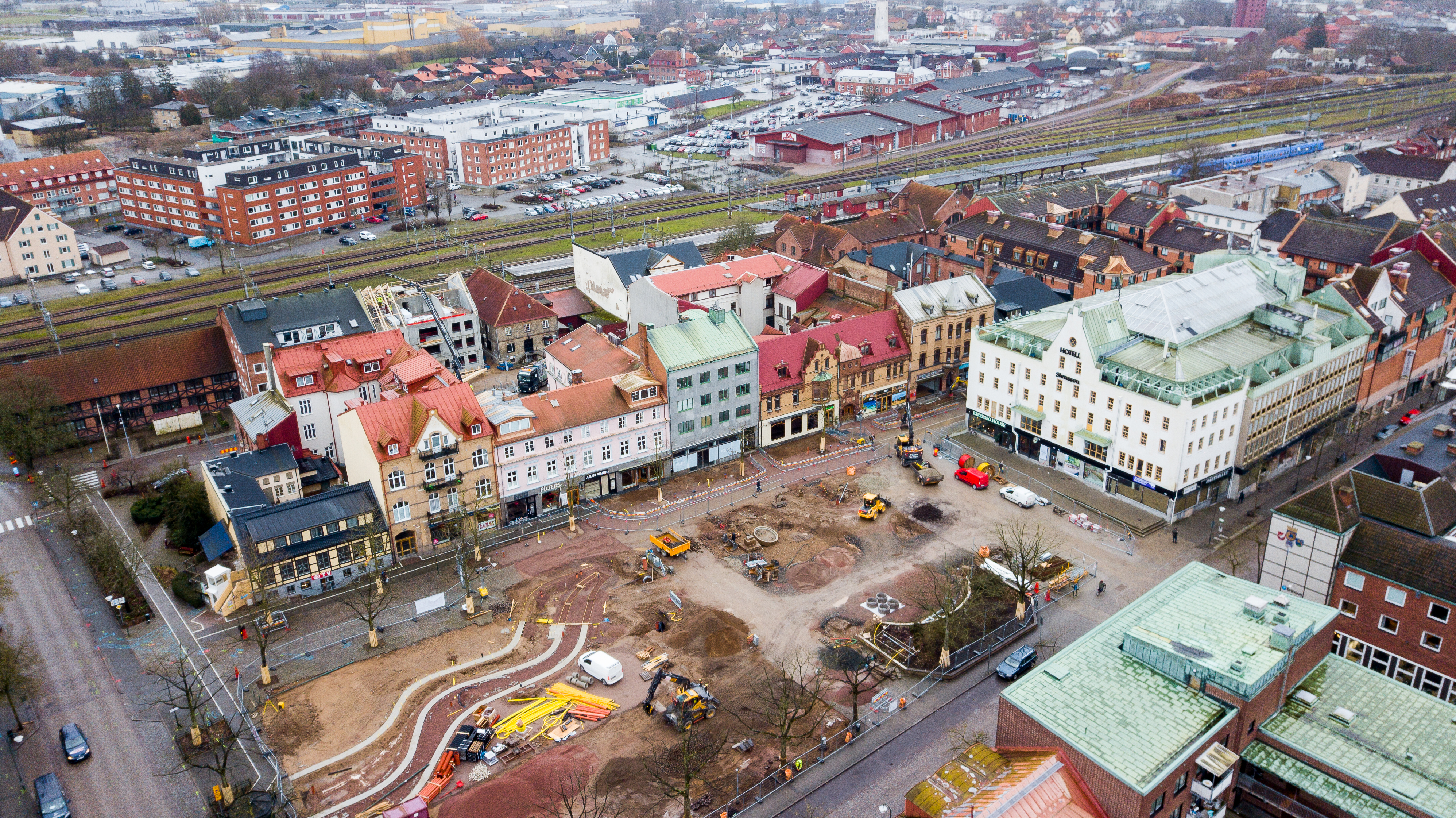 Flygbild över Stora torg i Eslöv i februari 2020
