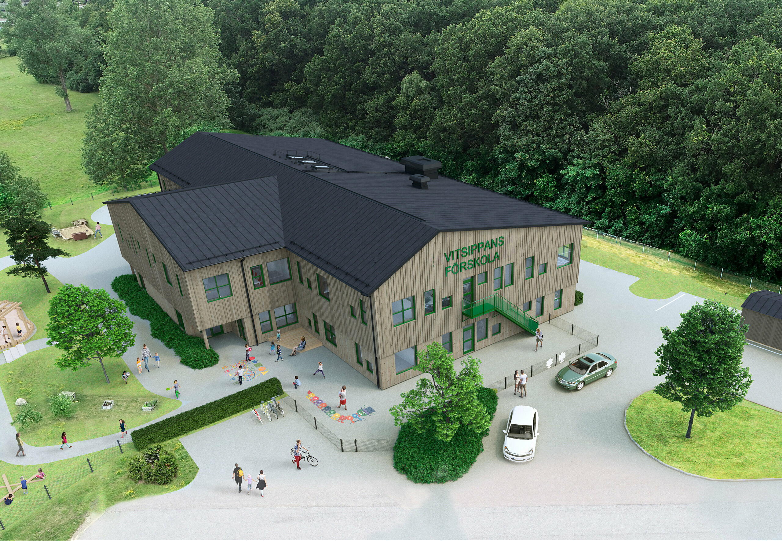 Renderingsbild som visar en förskola uppifrån, intill en skog.